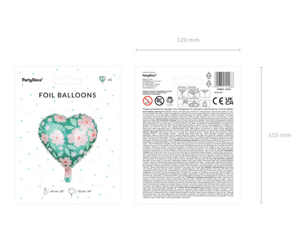 Balon inima cu print flori din folie 45cm