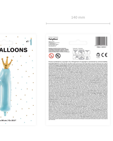 Balon cifra 1 albastru cu coronita 37x100cm
