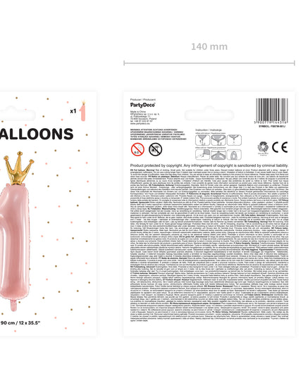 Balon cifra 1 roz cu coronita 37x100cm