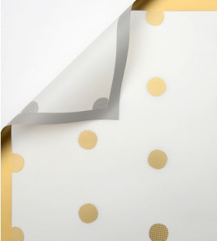 Ambalaj waterproof 60x60cm fond alb buline aurii, margine aurie