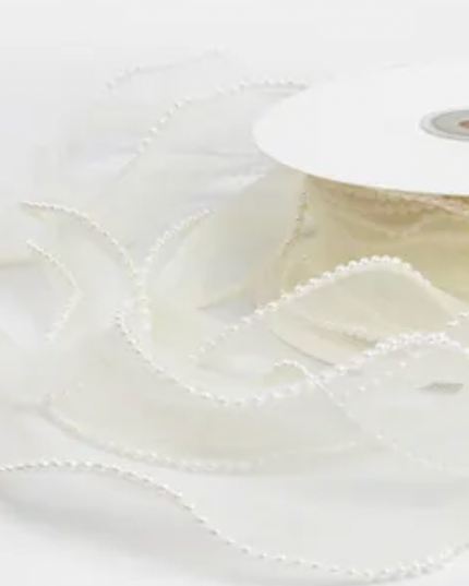 Panglica textil - organza 4cm x 4.5m alb perle