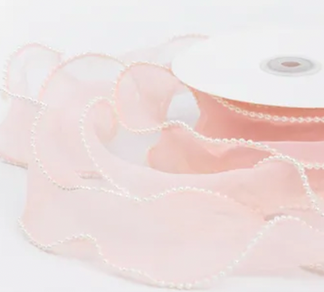 Panglica textil - organza 4cm x 4.5m roz pal perle