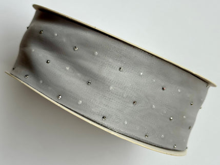 Panglica textil - organza 4cm cu paiete gri