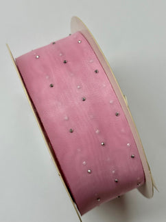 Panglica textil - organza 4cm cu paiete roz