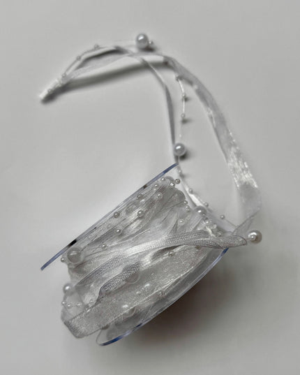 Panglica textil - organza cu margele 1cm alb