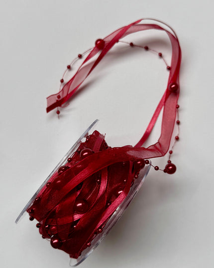 Panglica textil - organza cu margele 1cm burgundy