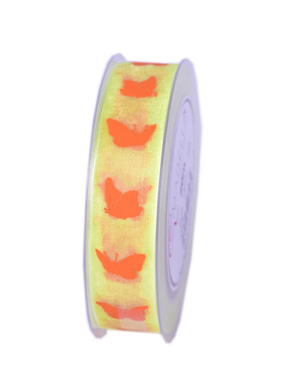 Panglica textil 25mmx20m galbena, fluturi portocalii