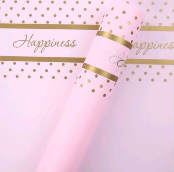 Ambalaj flori waterproof 60x60cm happiness roz scris auriu